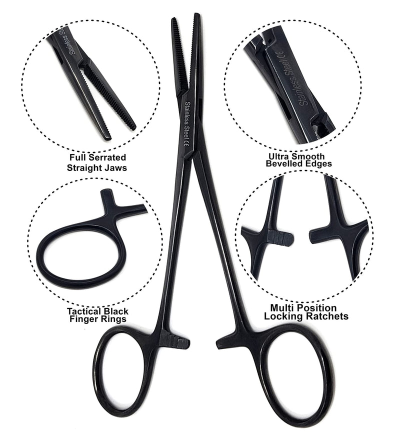 Mosquito Hemostat Locking Forceps 5" Straight with Full Serrated Jaws Ideal for Clamping, Fishing, Firefighters Nurses Doctors + More (Tactical Black)