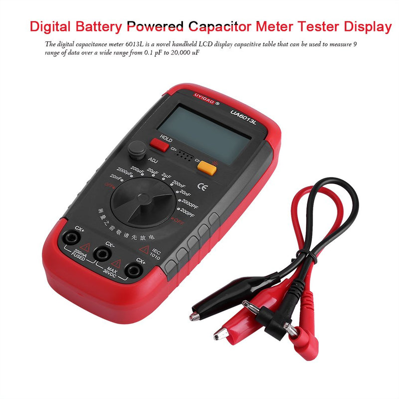 Handheld Capacitor Meter Tester,Digital Battery Powered Capacitan Capacitor Meter Tester 6013L LCD Display, 0.1pF-20,000uF (Red)