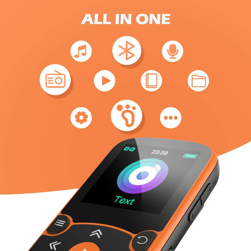 32GB MP3 Player with Clip, AGPTEK Bluetooth 5.0 Lossless Sound with FM Radio, Voice Recorder for Sport Running, Supports up to 128GB TF Card,Orange Orange