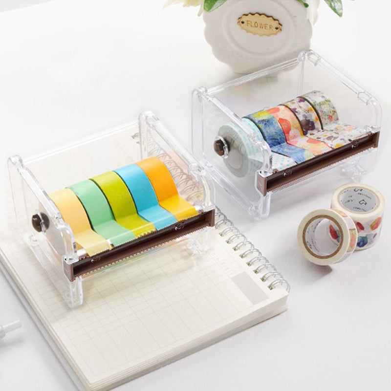 2pcs Portable Transparent Adhesive Tape Dispenser Cutter Desk Washi Tape Holder Storage Box Organizer Office School Stationery Supply (Brown) Brown