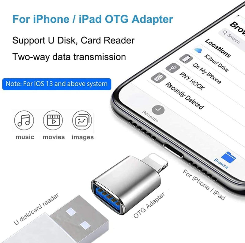 (Apple MFi Certified) Lightning Male to USB Female Camera Adapter,2 Pack Portable USB Camera Adapter OTG Data Sync Converter for iPhone13/12/11/Xr/X/XS/8/7/Card Reader/Flash Drive/Mouse/MIDI Keyboard silver
