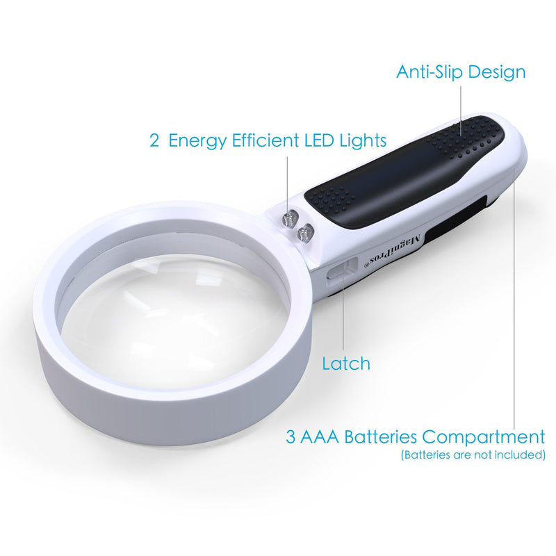 MagniPros Magnifying Glass with Bright LED Lights and 10X + 5X Illuminated 2 Interchangeable Lenses Ideal for Seniors, Maps, Macular Degeneration, Jewelry, Watch & Computer Repair 5X +10X