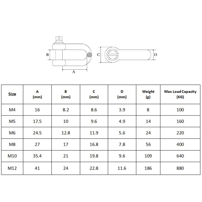 10 PCS M4 Stainless Steel D Shackle 5/32" (4mm) Forged D Shackle with Screw Pin, Silver Color