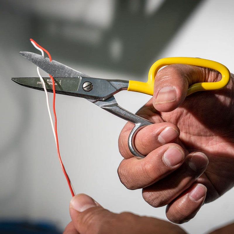 Klein Tools 2100-8 Scissors, Electrician Free Fall Snips, Stainless Steel Cut 19 and 23 AWG Electrical Communication Wire, Cable and Cordage