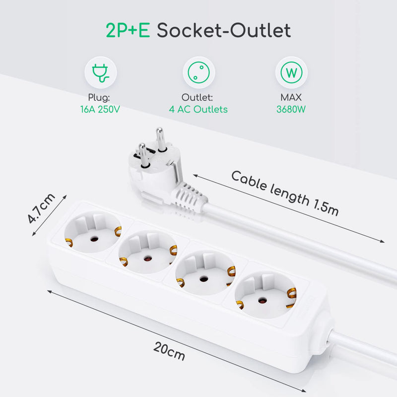 Aigostar power strip 4-way table socket child safety lock 1'5m cable, white