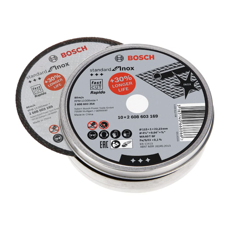 Bosch Professional cutting disc straight standard for Inox - Rapido WA 60 T BF, 115 mm, pack of 10, 2608603254