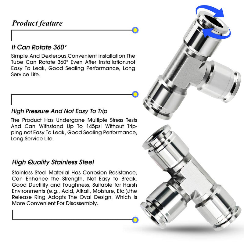 TAILONZ PNEUMATIC 1/4" OD Tee Stainless Steel Push to Connect Fittings 3 Ways Tube Connect Push Fit Push Lock PE-1/4 (Pack of 1)