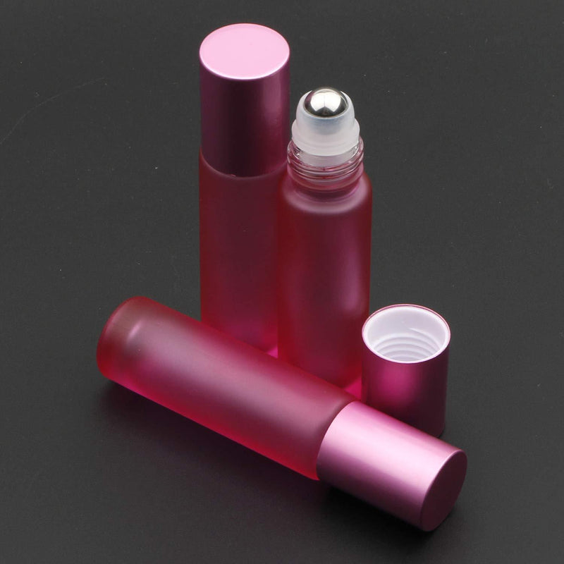Kesell 10 Pack - 10ml Refillable Frosted Glass Roller Bottles Vials with Stainless Steel Roller Ball and Aluminum Cap - Pink Color