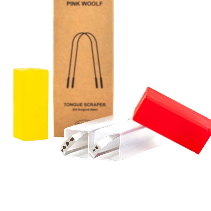 Pink Woolf Stainless Steel Tongue Cleaner, 2 Pack with Travel Case and Unique Identifying Mark, Scrapes All Gunk, Fights Bad Breath, Improves Oral Hygiene