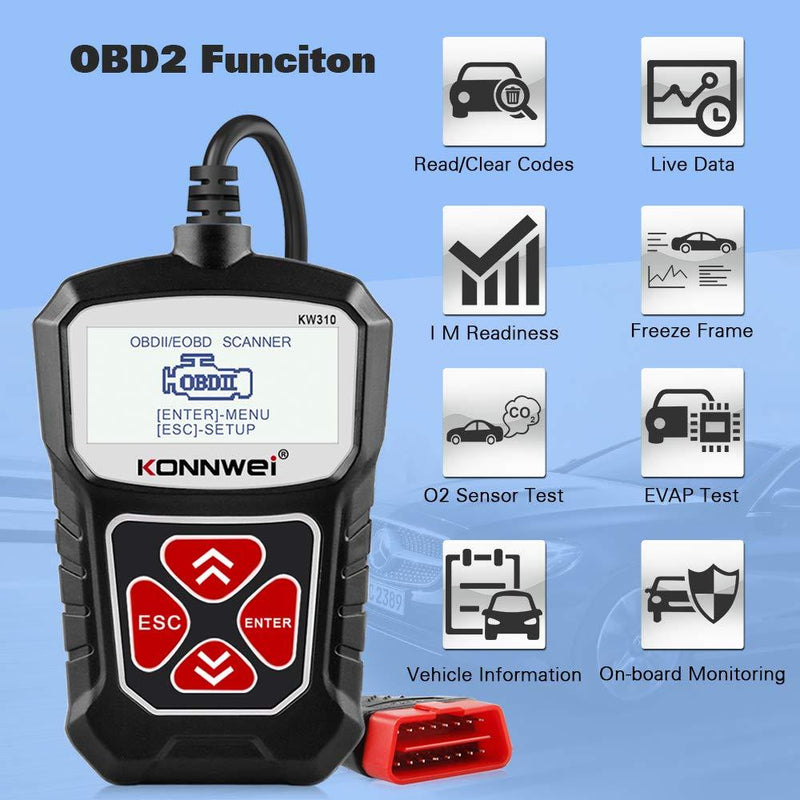 KONNWEI KW310 OBD2 Scanner Car Code Reader Full OBDII Functions 10 Modes Engine Diagnostic Scanner Tool for All 1996 and Newer Cars(Black) Black