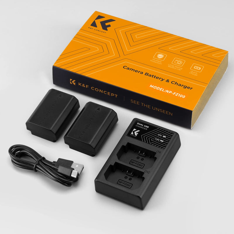 K&F Concept NP-FZ100 Battery and Dual Slot Charger Set for Sony ZV-E1, FX3, FX30, A7C, A7 III, A7R III, A7R IV, A9, A6600, Alpha 9, Alpha 9S, A9S, A7III, A7R3, A7R4 Camera Batteries, 2280mAH