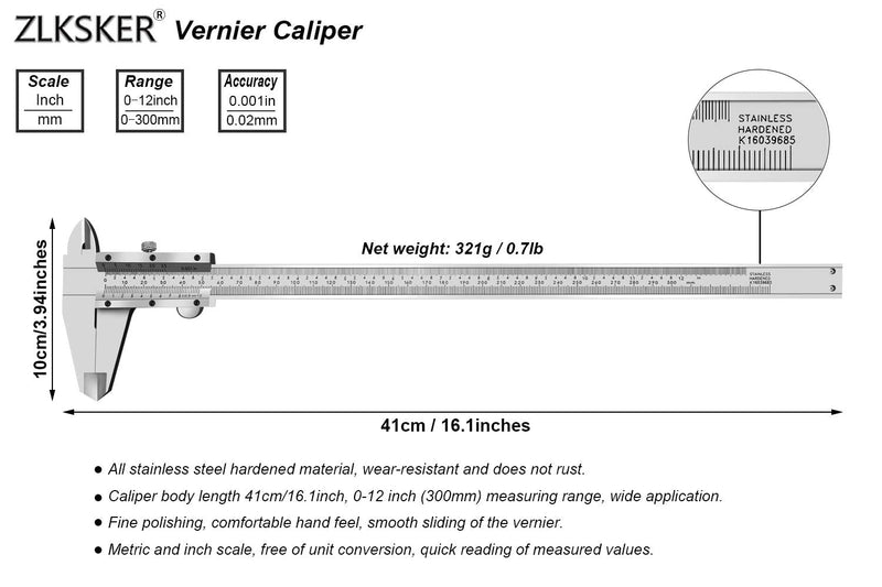 ZLKSKER 0-12 Inch / 300mm Micrometer Vernier Caliper, Stainless Steel Precision Measuring Tool (Inch/Metric), Depth/Inside/Outside/Step Measurement, 0.001" / 0.02mm