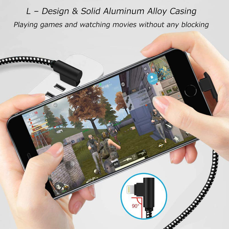 Made for The Game Connecting Cable, [3-Pack] 6ft 90 Degree Durable and Fast Charging Cable Compatible with iPhone Xs Max/XS/XR/7/7Plus/X/8/8Plus/6S/6S Plus/SE (6ft, Black White)