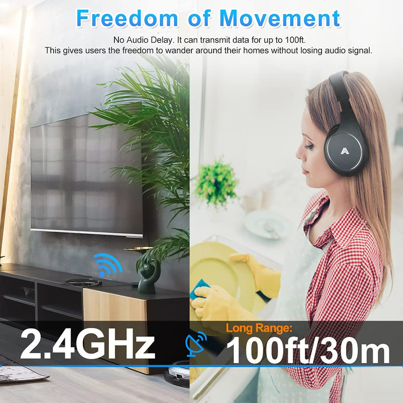 Wireless Headphones for TV Watching, Folding Over Ear Headphones with 2.4GHz RF Transmitter Support Optical RCA AUX, No Audio Delay, 100ft Wireless Range (Black)