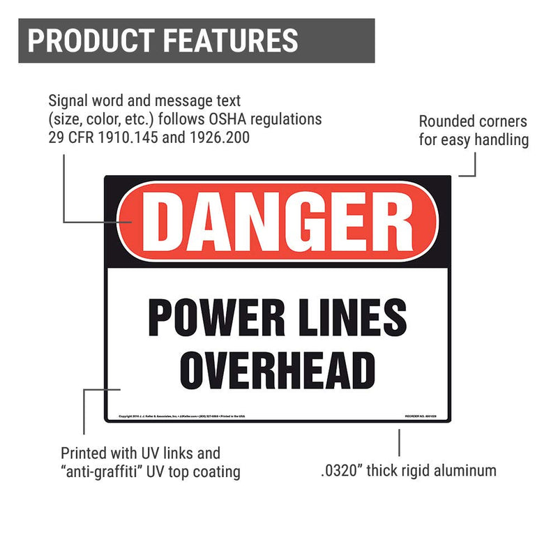 Danger: Power Lines Overhead Sign - J. J. Keller & Associates - 20" x 14" Aluminum with Rounded Corners for Indoor/Outdoor Use - Complies with OSHA 29 CFR 1910.145 and 1926.200