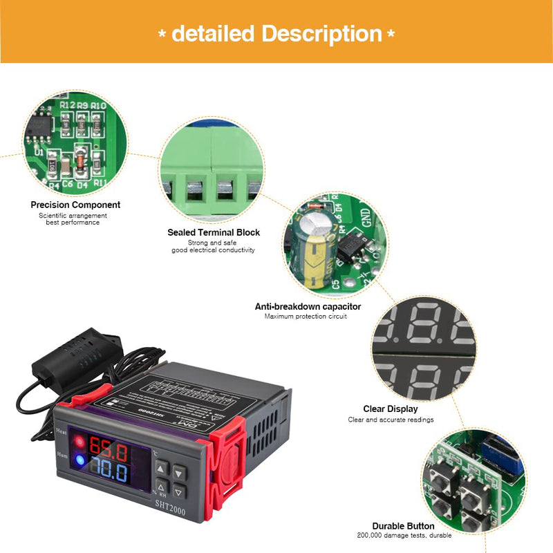 diymore Digital Temperature Controller Humidity Controller SHT2000 AC 110V-230V Humidity Controller Thermostat with Probe Heating Cooling Humidification SHT2000 AC 110V-220V