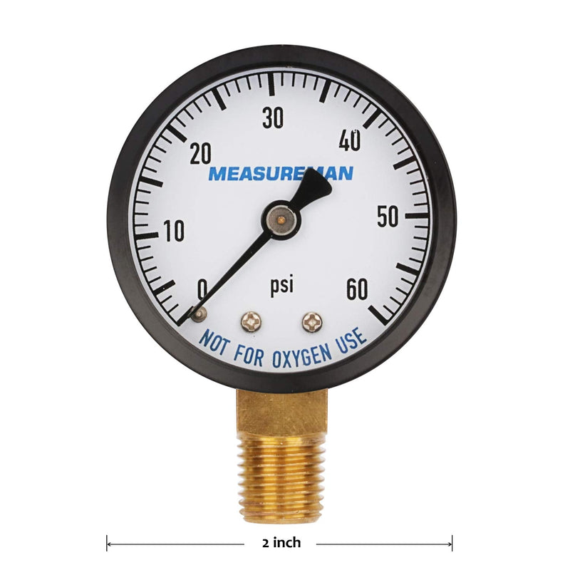 MEASUREMAN 2" Dry and Utility Pressure Gauge, Swimming Pool Filter Pressure Gauge, Spa, Aquarium, Water Pressure Gauge, 1/4"NPT Lower Mount 0-60Psi x 2 pcs