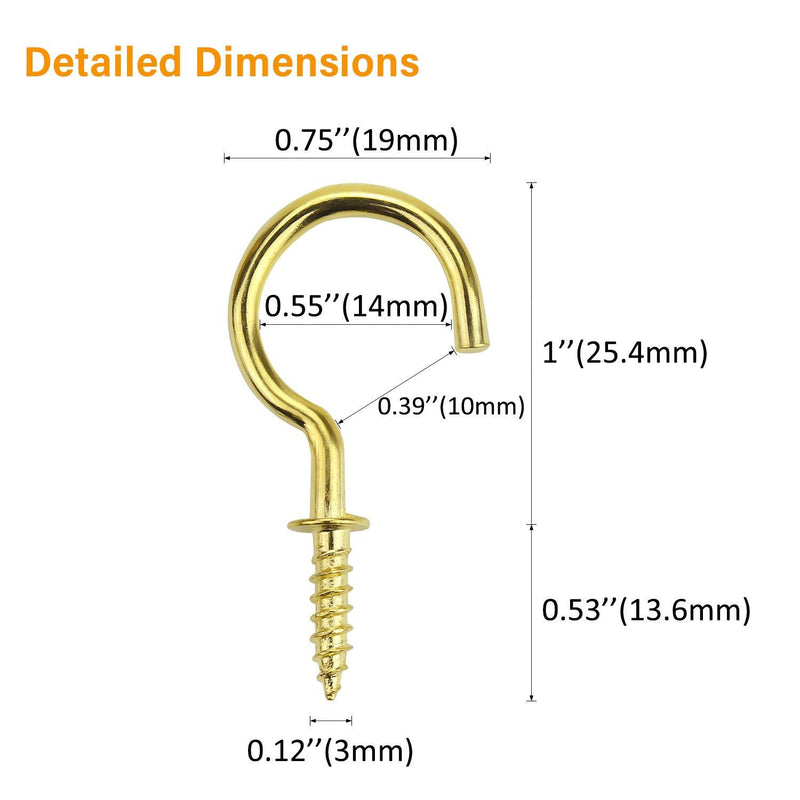 Powlankou 1inch Brass Plated Metal Screw-in Ceiling Hooks Cup Hooks, 120 Pieces