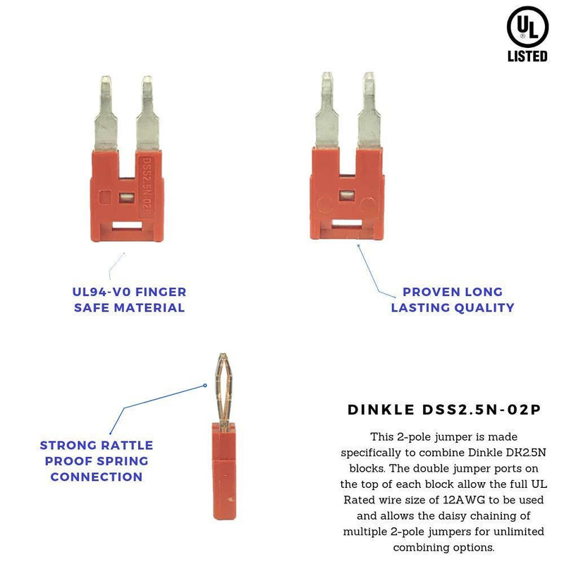 Dinkle DSS2.5N-02P DIN Rail Terminal Block Press-Fit Jumper DK2.5N Two Pole, Pack of 20
