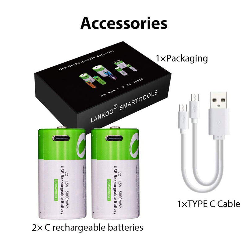 Rechargeable C Batteries 1.5V 5000mWh USB Lithium ion Rechargeable C Battery with USB Type C Charging Cable, High Capacity Fast Charge, 1200 Cycles Constant Output, Over-Charge Protection,2-Pack 2* C battery