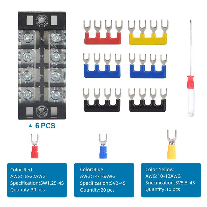 73Pcs(6Sets) Terminal Block Set, 6Pcs 4 Positions 600V 25A Dual Row Screw Terminal Strip Block + 6Pcs Pre-Insulated Terminals Barrier Strip + 60Pcs Insulated Fork Wire Connector by CGele… 25A 4P+6 pcs Jumpers