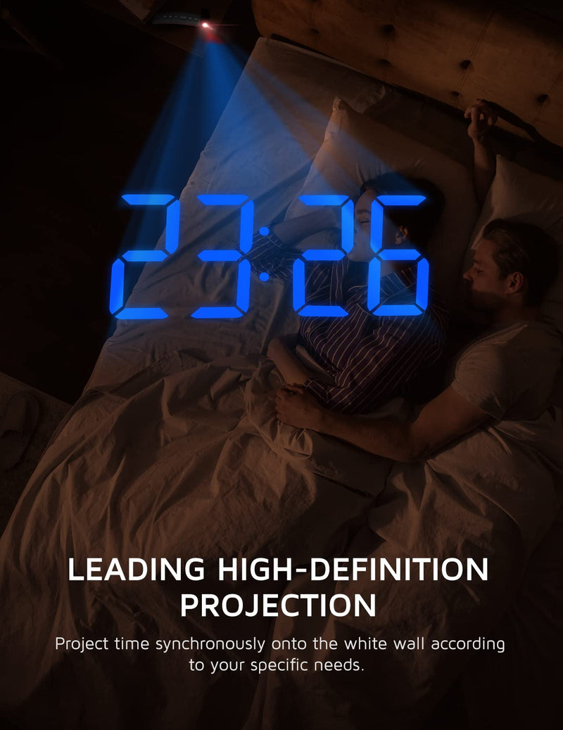 Projection Alarm Clock, Digital Clock with 180° Rotatable Projector, 3-Level Brightness Dimmer, Clear LED Display, USB Charger, Progressive Volume, 9mins Snooze,12/24H, Digital Alarm Clock for Bedroom Blue Digit+blue Projection