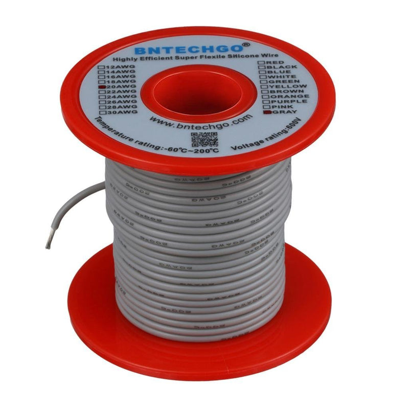 BNTECHGO 20 Gauge Silicone wire spool 100 ft Gray Flexible 20 AWG Stranded Tinned Copper Wire silicone wire 100ft silicone wire gray