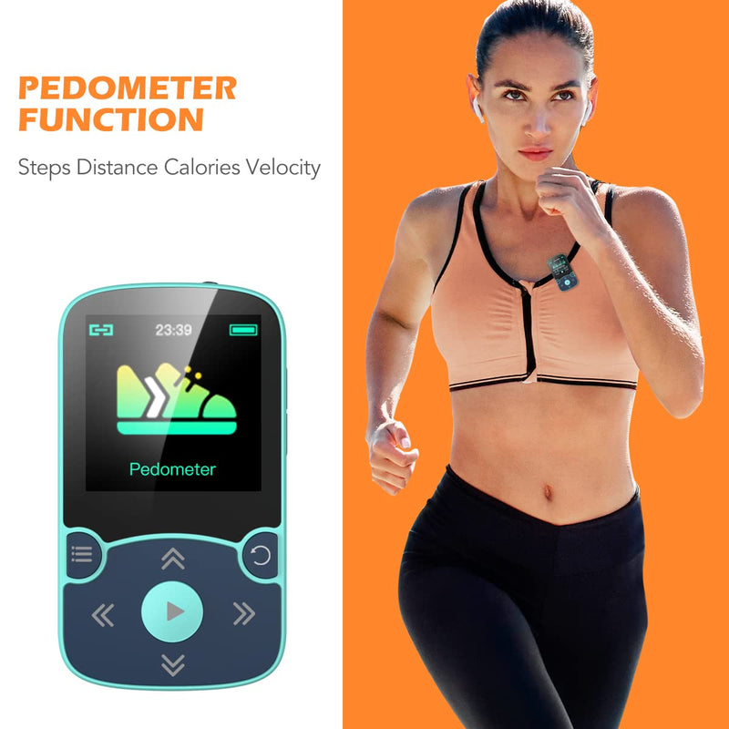 32GB MP3 Player with Clip, AGPTEK Bluetooth 5.0 Lossless Sound with FM Radio, Voice Recorder for Sport Running, Supports up to 128GB TF Card, Blue