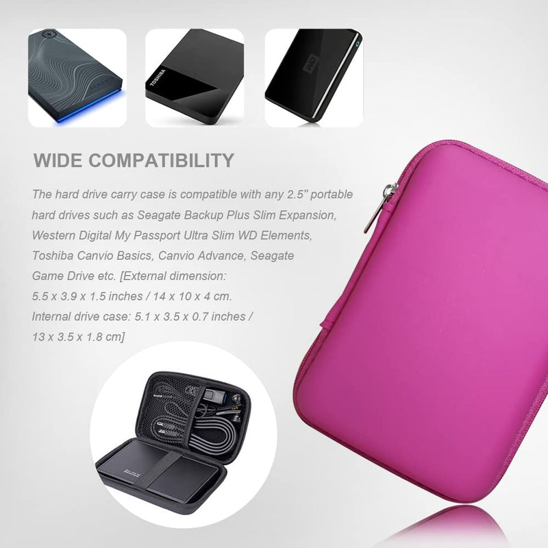 Hard Drive Carrying Case Storage Organizer Bag Multi-Purpose Universal Carry Pouch Compatible with Western Digital WD Elements Seagate, 2.5’’ EVA Shockproof Travel Case (Pink) Pink