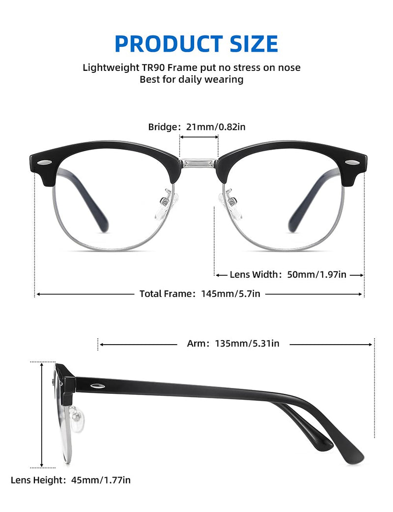 SOAR&EAGLE 3 Pack Blue Light Blocking Glasses,Computer Gaming Glasses,Retro Semi Rimless UV400 Clear Lens Computer Eyewear Bright Black Silver/Crystal Silver/Amber Gold