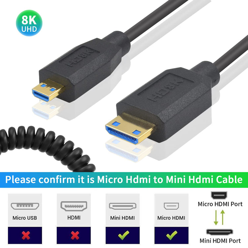 Duttek 8K Micro HDMI to Mini HDMI 2.1 Coiled Cable, 48Gbps Extreme Thin Mini HDMI Male to Micro HDMI Male Cable Support Dynamic HDR for Cameras Camcorder DC 4FT/1.2M