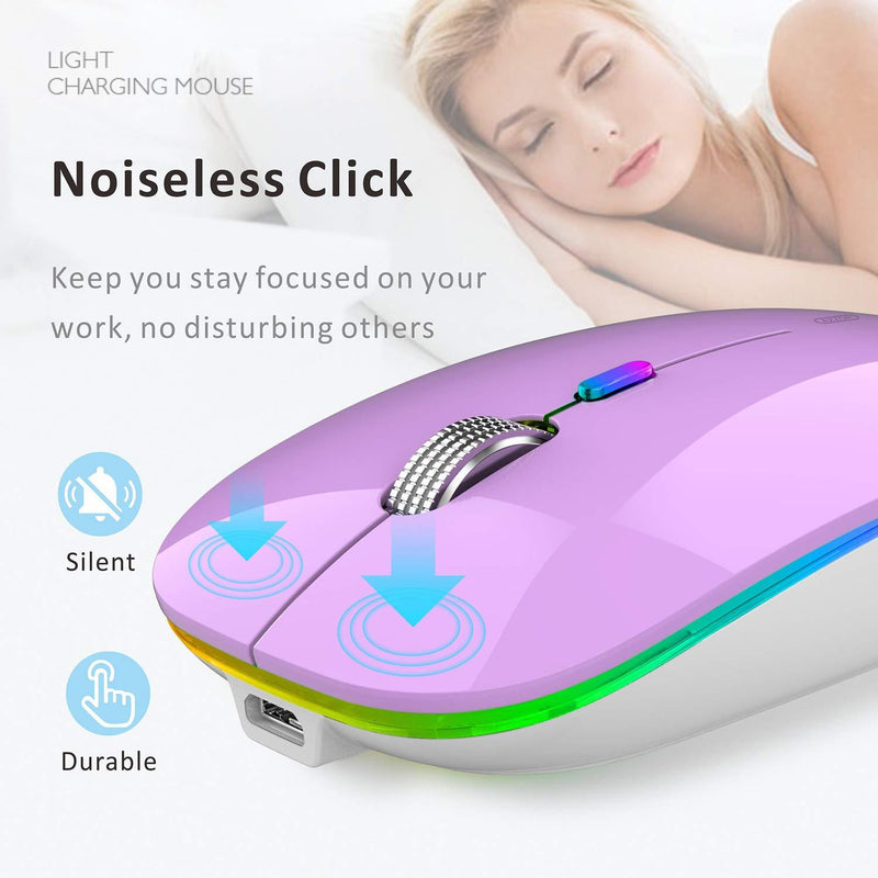 LED Wireless Mouse, G12 Slim Rechargeable Wireless Silent Mouse, 2.4G Portable USB Optical Wireless Computer Mice with USB Receiver and Type C Adapter (Purple) Purple