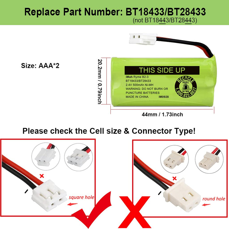 iMah BT18433/BT28433 2.4V 500mAh Ni-MH Cordless Phone Battery, Also Compatible with AT&T BT184342/BT284342 BT8300 BT1011 BT1018 BT1022 BT1031 2SN-AAA55H-S-J1 CS6120 CS6209 CL80109 EL52419, 2-Pack 2-Pack BT18433/BT28433 Batteries