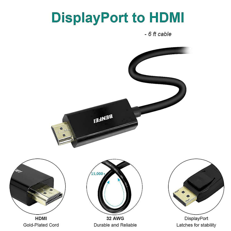 DisplayPort to HDMI 6 Feet Cable, BENFEI DisplayPort to HDMI Male to Male Adapter Gold-Plated Cord Compatible with Lenovo, HP, ASUS, Dell and Other Brand 1 PACK Black