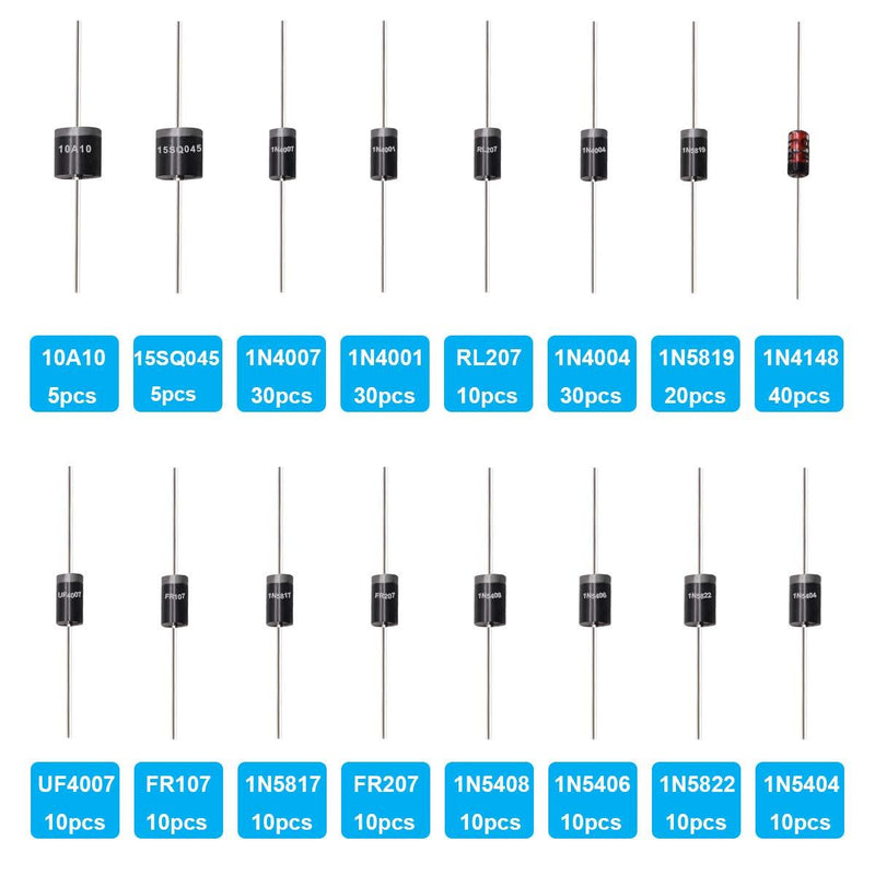 Tnisesm 250 Pcs 16 Values Rectifier/Schottky/Fast Recovery/Switch Diode Assortment Kit,1N4001 1N4004 1N4007 1N5404 1N5406 1N5408 RL207 10A10 1N5817 1N5819 1N5822 15SQ045 UF4007 FR107 FR207 1N4148