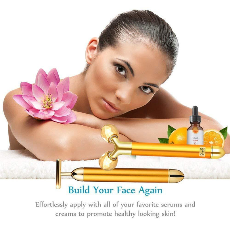 2-IN-1 Beauty Bar 24k Golden Pulse Facial Face Massager, Electric 3D Roller and T Shape Massager Skin Care Tools Gift Set for Face Lift Anti Wrinkles Skin Tightening Face Firming