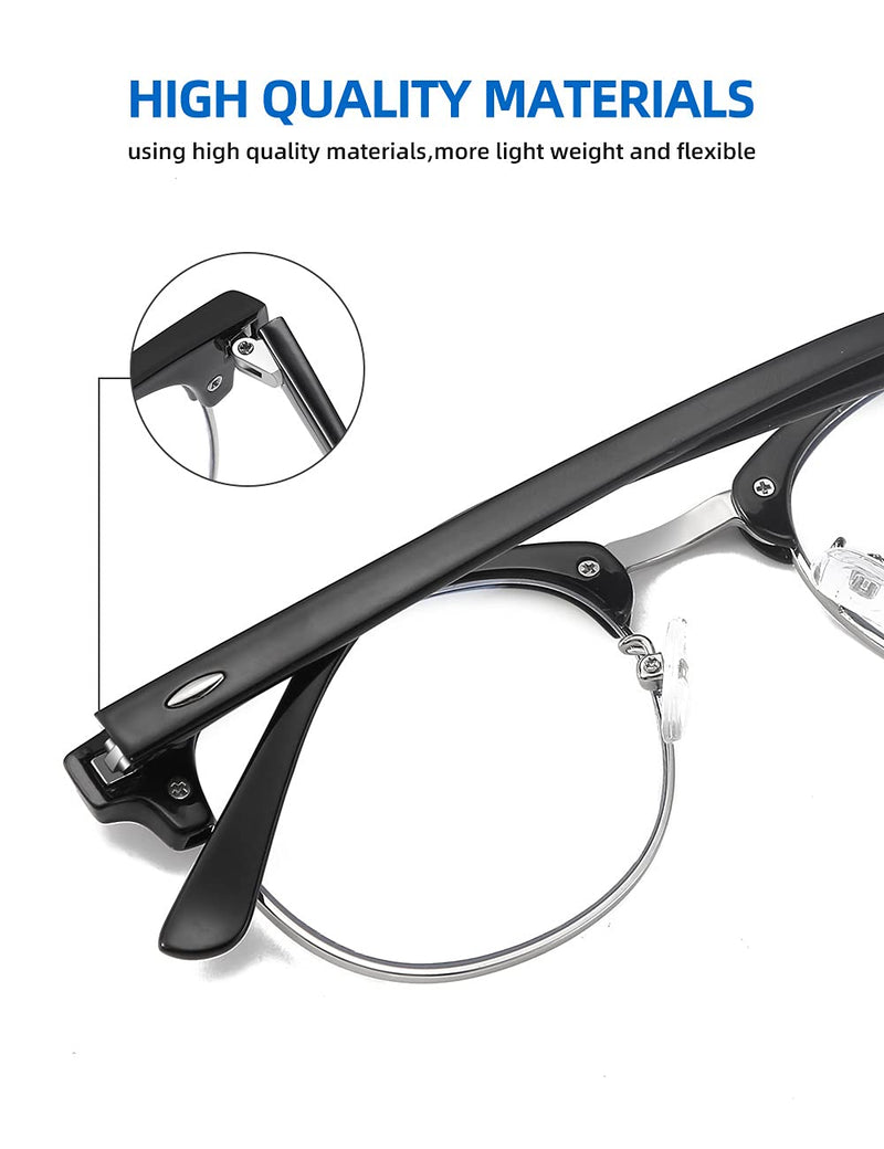 SOAR&EAGLE 3 Pack Blue Light Blocking Glasses,Computer Gaming Glasses,Retro Semi Rimless UV400 Clear Lens Computer Eyewear Bright Black Silver/Crystal Silver/Amber Gold