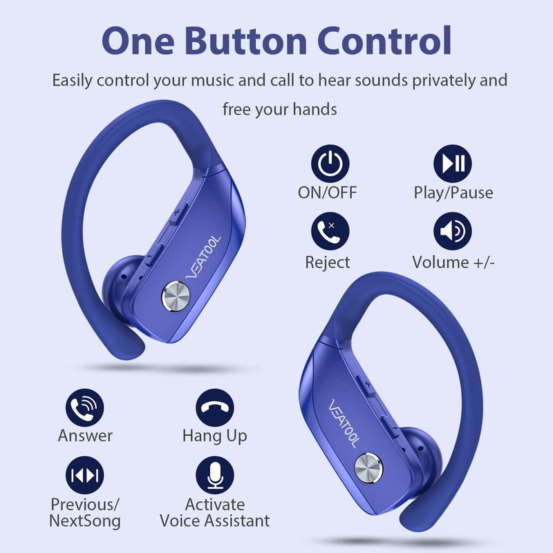 Wireless Earbuds Bluetooth Headphones 48hrs Play Back Sport Earphones with LED Display Over-Ear Buds with Earhooks Built-in Mic Headset for Workout Blue BMANI-VEAT00L