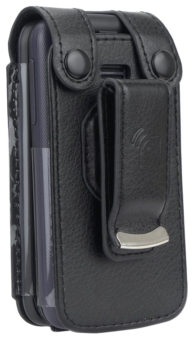 Case for Alcatel Go Flip 4 / TCL Flip Pro Phone, Nakedcellphone [Black Vegan Leather] Form-Fit Cover with [Built-in Screen Protection] and [Metal Belt Clip]