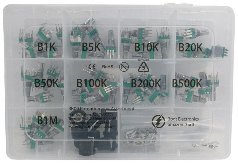 45 pcs Small onboard PCB Potentiometer Assortment 9 Values 1K 5K 10K 20K 50K 100K 200K 500K 1M, Vertical Legs Terminal, 15mm axis, B = Linear