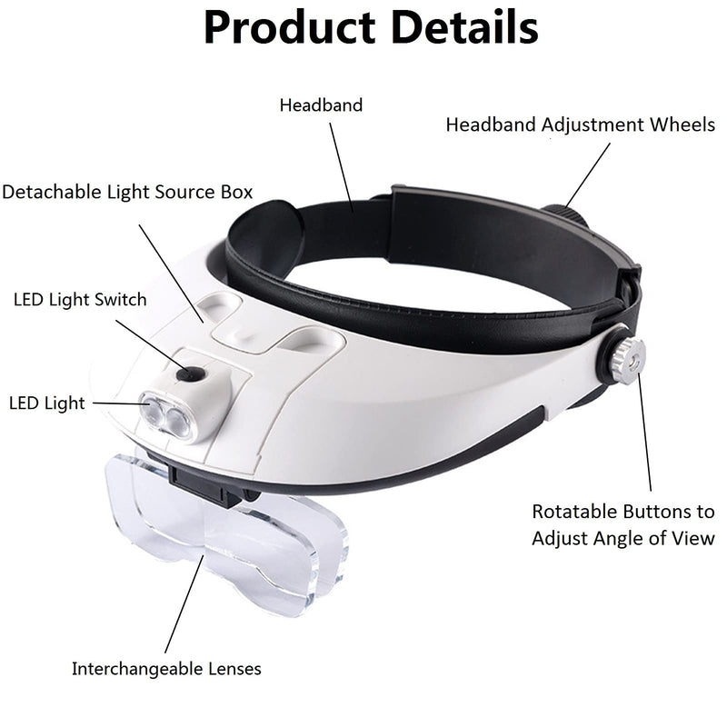 Head Magnifying Glass with Light,1X to 6X Hands Free Lighted Head Magnifier,Professional Headband Magnifier Glasses Headset with 2 Lens Slot for Reading Jewelry Watch Repair Close Work Arts Craft