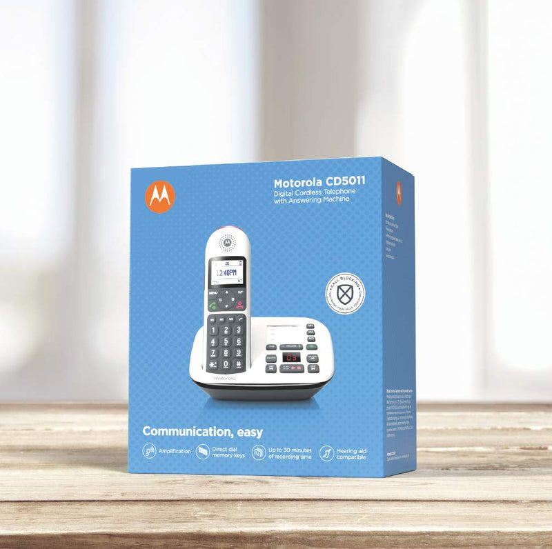 Motorola CD5011 DECT 6.0 Cordless Phone with Answering Machine, Call Block and Volume Boost, White, 1 Handset 1-Handset