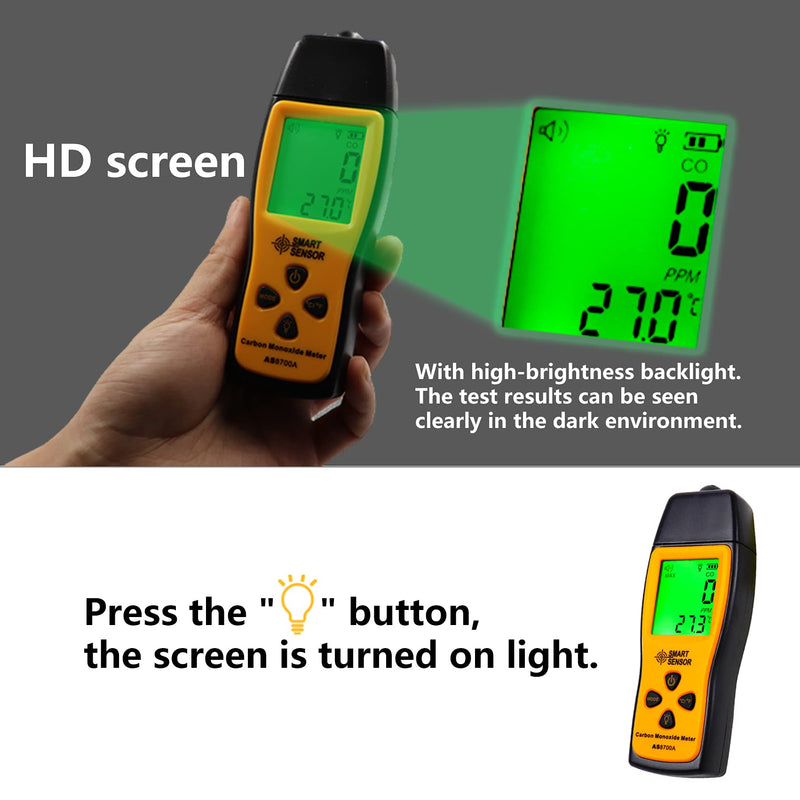 Handheld Carbon Monoxide Meter, 80db Light CO Leak Detector, Portable Handheld CO Detector, CO Gas Analyzer with LCD Display, 0-1000 ppm High Precision