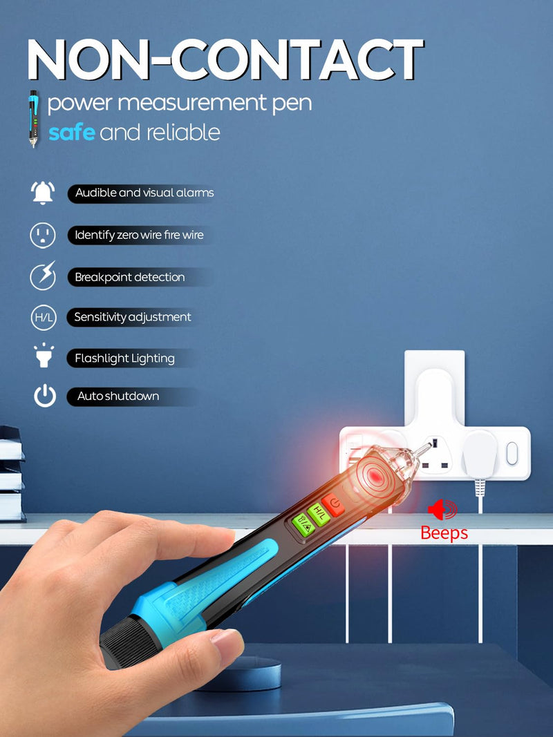 Aicevoos A1 Voltage Tester Non-Contact/Current Tester Non-Contact Range AC 12-1000V/48V-1000V, Live/Null Wire Tester, Electrical Tester with Flashlight, Summer Alarm Blue