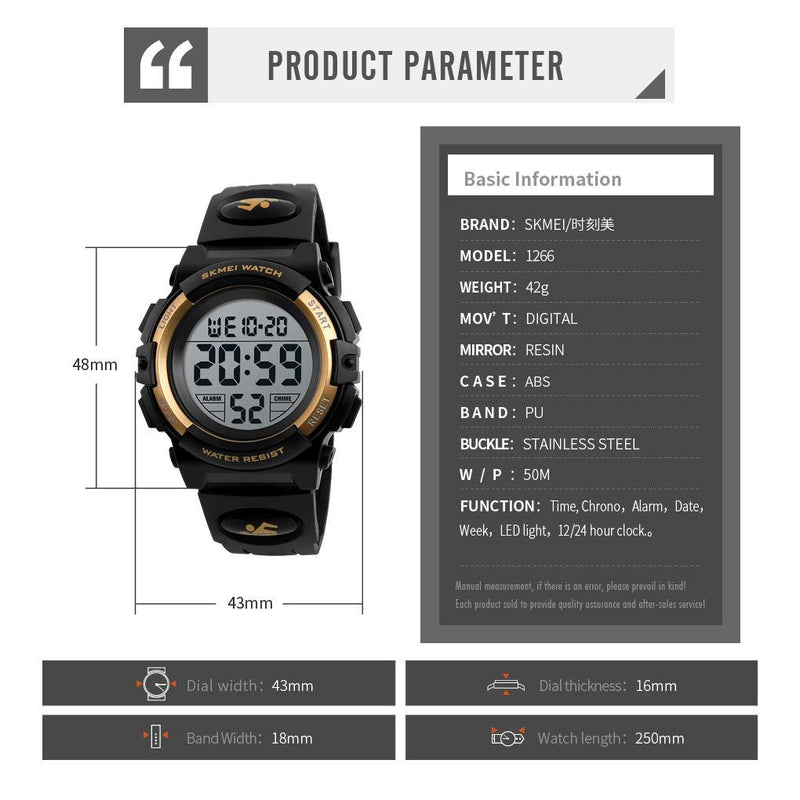 Kids Digital Watch Outdoor Sports 50M Waterproof Electronic Watches Alarm Clock 12/24 H Stopwatch Calendar Boy Girl Wristwatch Black Gold