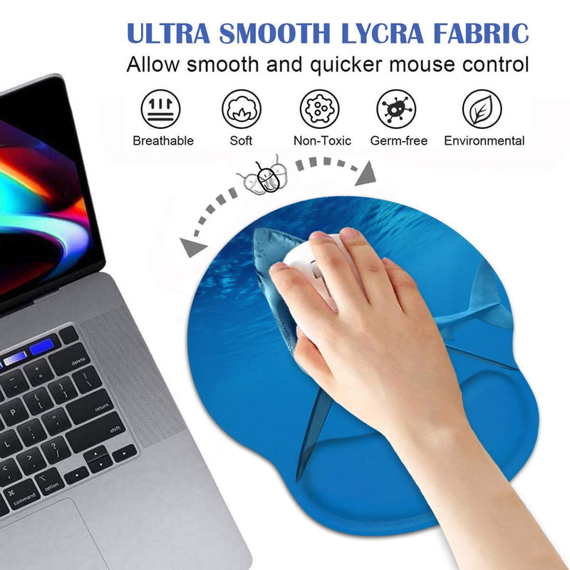 Ergonomic Mouse Pad Wrist Support and Coffee Coaster, Cute Wrist Rest Pad with Non-Slip PU Base for Home Office Working Studying Easy Typing & Pain Relief, Great White Shark