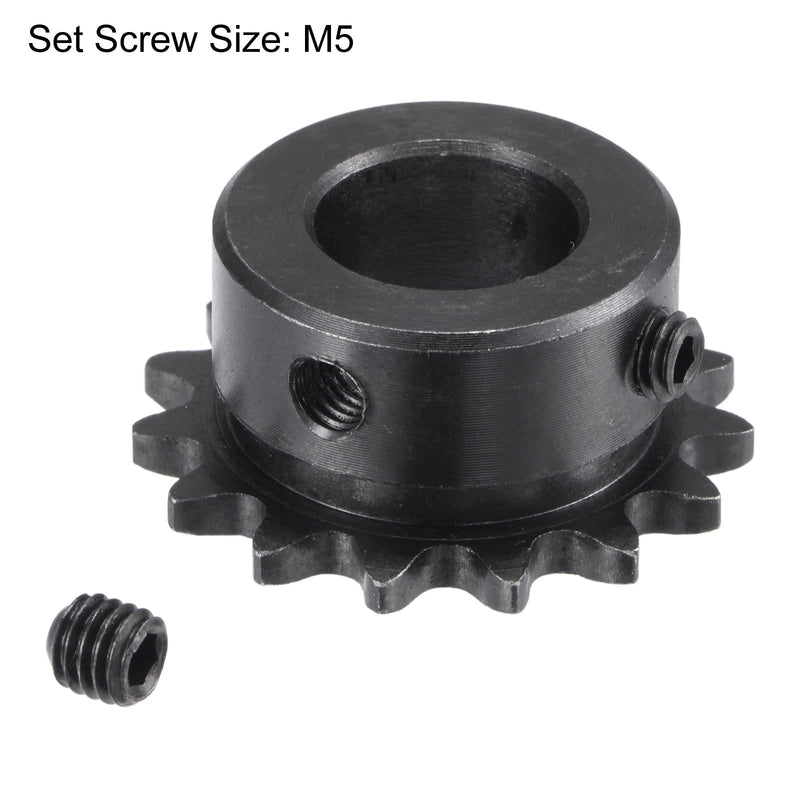 uxcell 15 Tooth Roller Sprocket B Type, 25 Chain, Single Strand 1/4" Pitch, 14mm Bore Black Oxide C45 Carbon Steel with Set Screws for ISO 04C