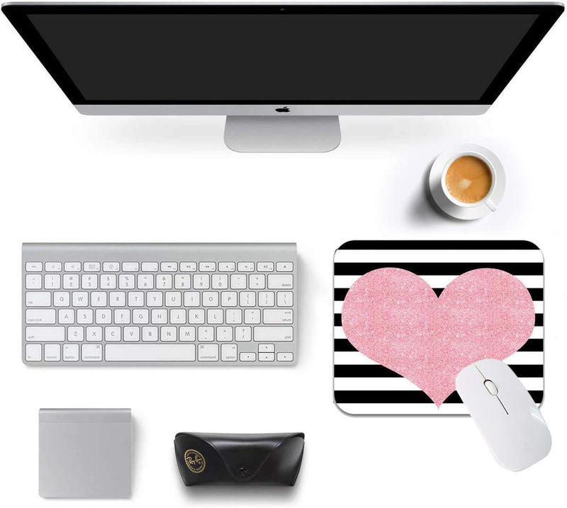 Pink Glitter Heart Black White Striped Mouse Pads Stylish Office Accessories(9 x 7.5inch) 9 X 7.5"