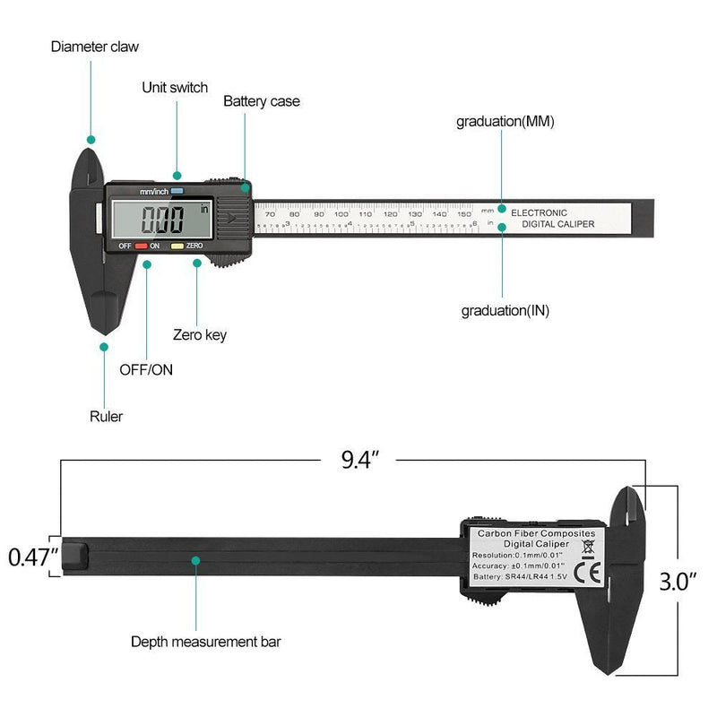 Chizea Digital Caliper, 150mm Classic Caliper with Large LCD Display for Outside, Inside and Depth Measurement, Black