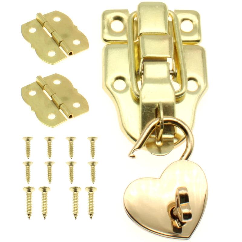 OZXNO Retro Style Duckbilled Toggle Hasp Latch Heart-Shaped Padlock and Antique Mini Folding Hinge Kit with Mouting Screws for Repair/Decorative Wooden Jewelry Box(Gold) 1 SET Gold